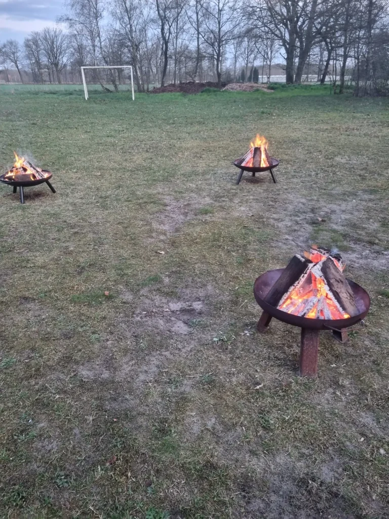 Drei Feuerschalen mit brennendem Holz auf einer Wiese.