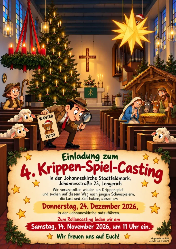 Einladung zum Krippenspiel-Casting am 14.11.2026 um 11 Uhr in der Johanneskirche. Auf dem Bild ist der Innenraum der Johanneskirche zu sehen sowie Cartoons von einem Detektiv, der einen Teddy sucht und Krippenspielfiguren.