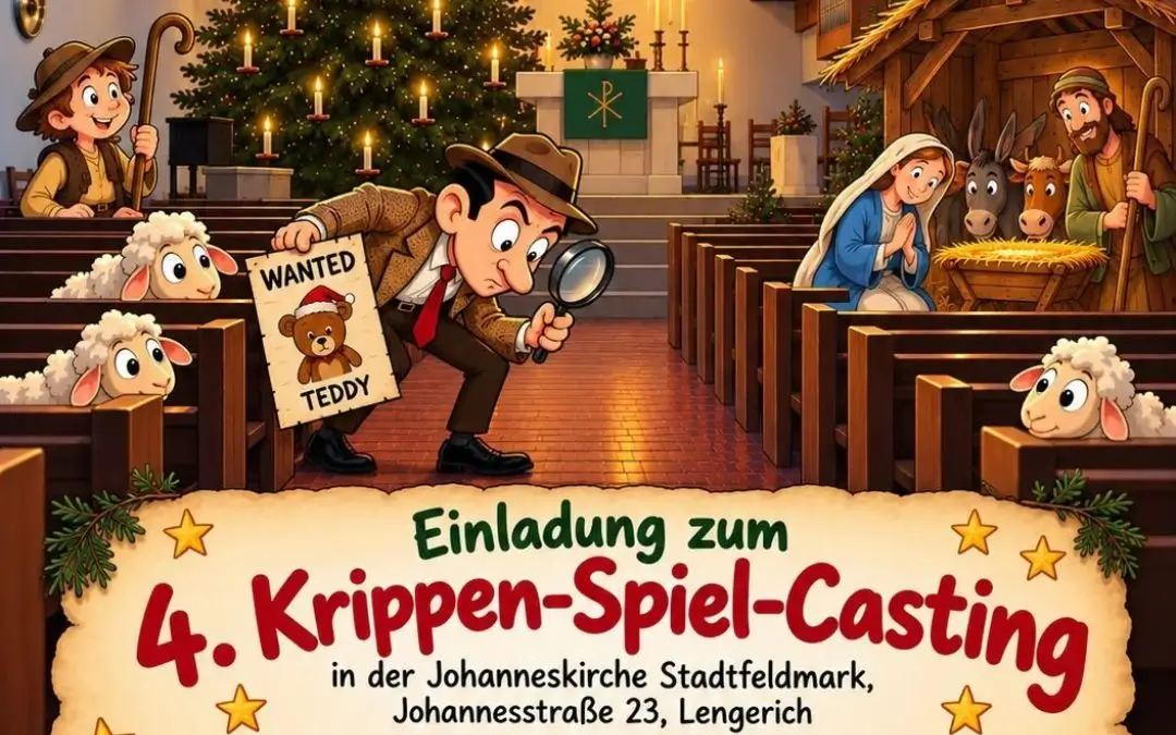 Bild aus der Johanneskirche mit Cartoons eines Detektivs, der einen Teddy sucht und Krippenfiguren. Einladung zum Krippenspiel Casting in der Johanneskirche am 14.11.2026