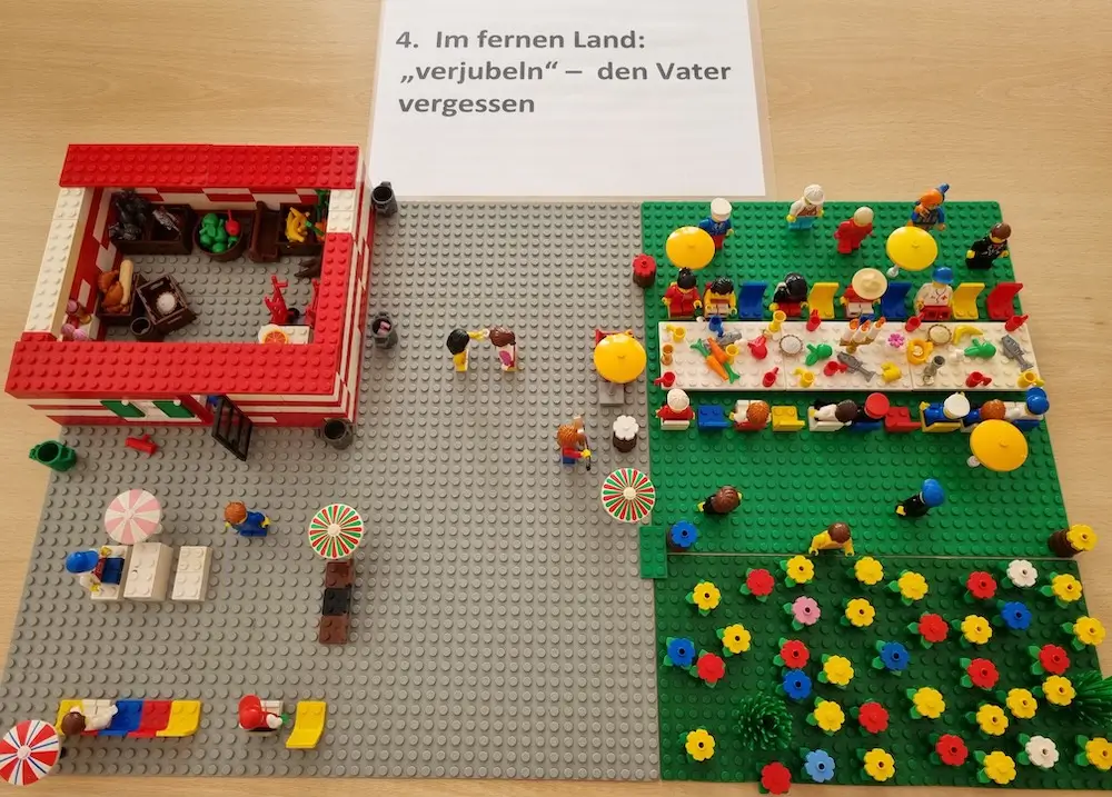 Lego-Szene 4: Im fernen Land: "verjubeln" – den Vater vergessen (Lego trifft Bibel, Gleichnis vom verlorenen Sohn)