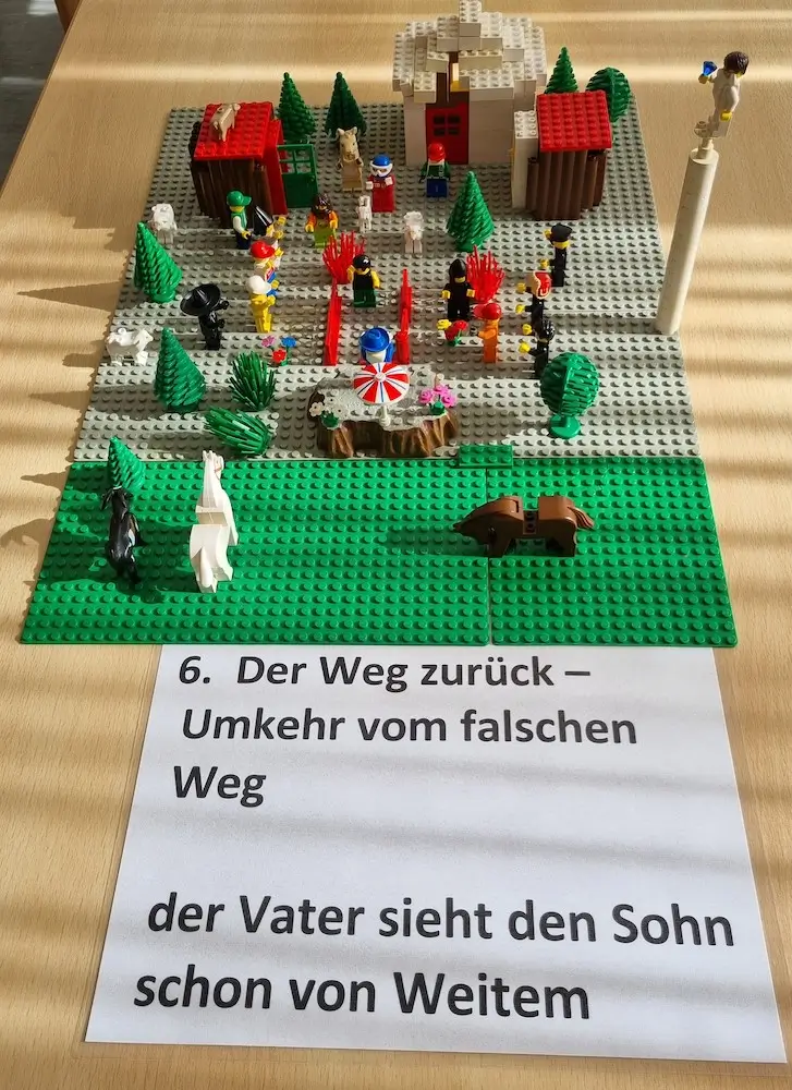 Lego-Szene 6: Der Weg zurück – Umkehr vom falschen Weg, der Vater sieht den Sohn schon von Weitem (Lego trifft Bibel, Gleichnis vom verlorenen Sohn)